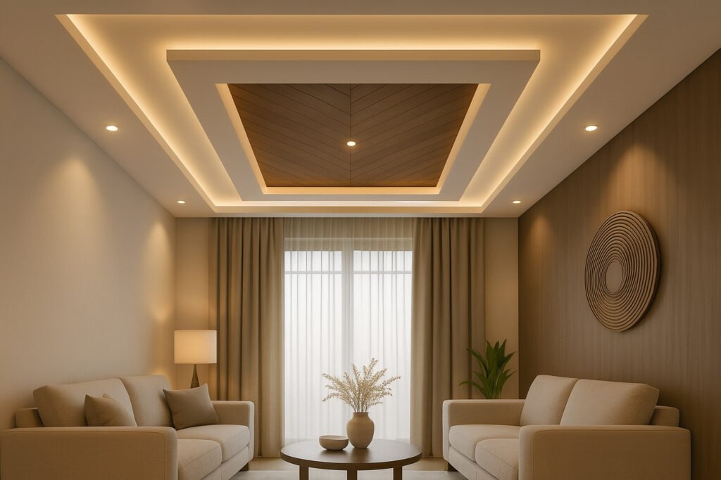 Contemporary living room with recessed wooden false ceiling and warm cove lighting