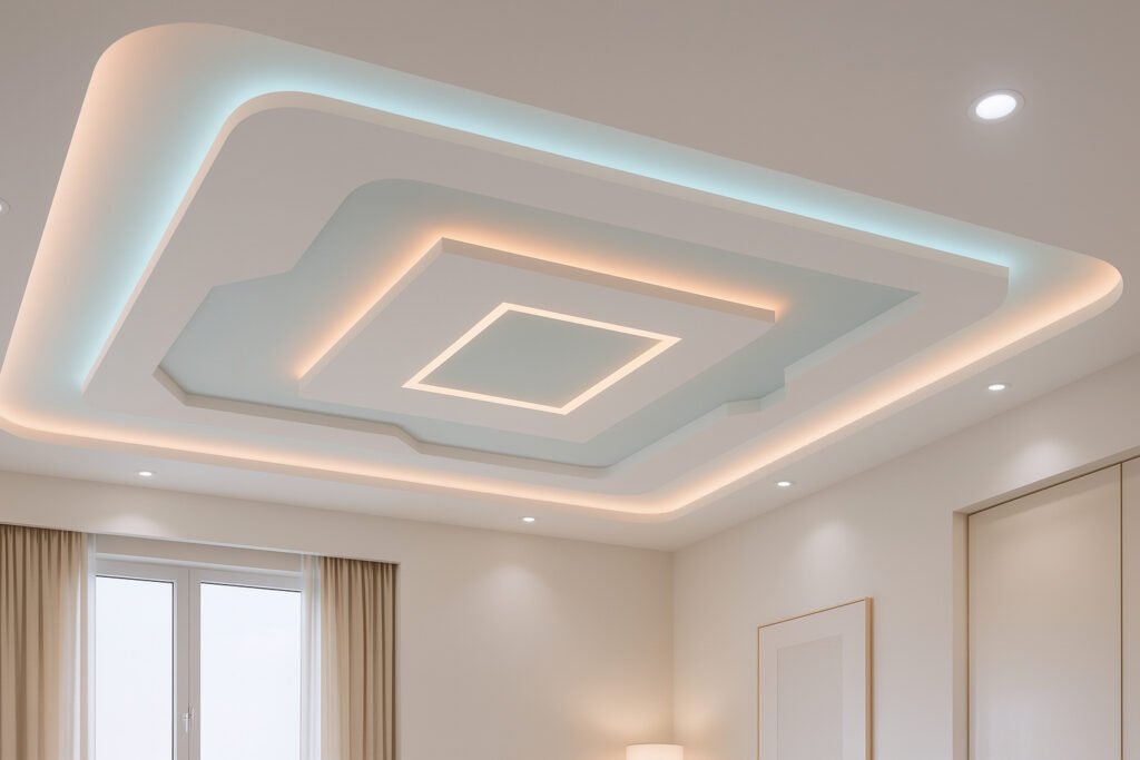 Modern geometric false ceiling design with layered cove lighting in a minimalist living room