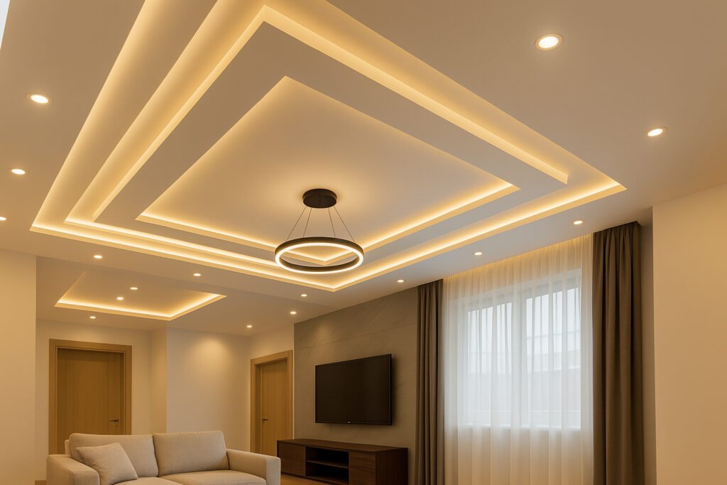 Contemporary false ceiling design with layered recessed lighting and circular chandelier in a modern living room