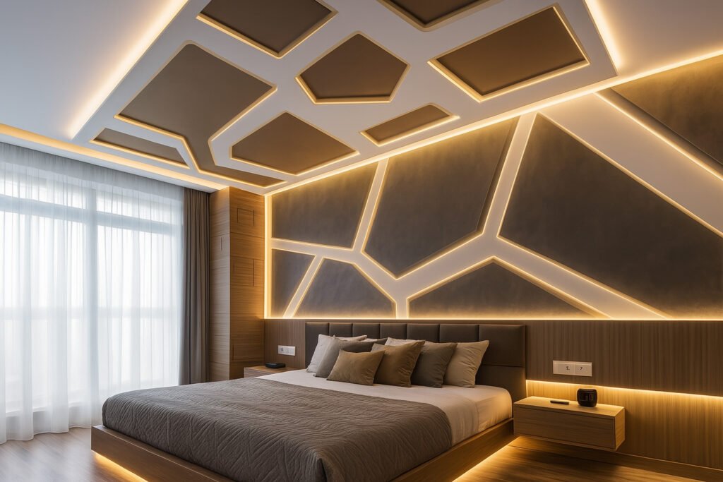Modern bedroom with geometric false ceiling and wall panel lighting design