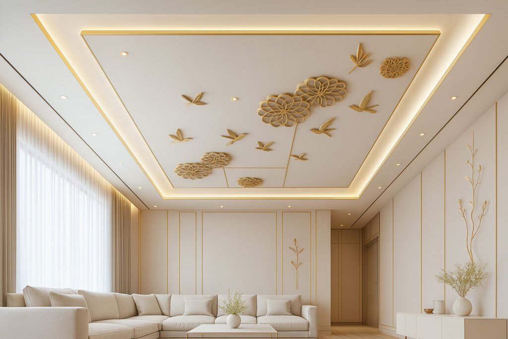 Elegant floral false ceiling design with gold accents in a luxury living room