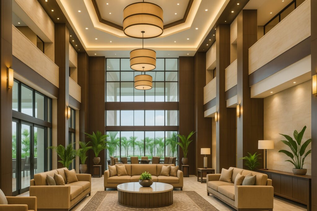 Luxury hotel lobby interior with high ceilings, grand chandeliers, modern seating, and large glass windows