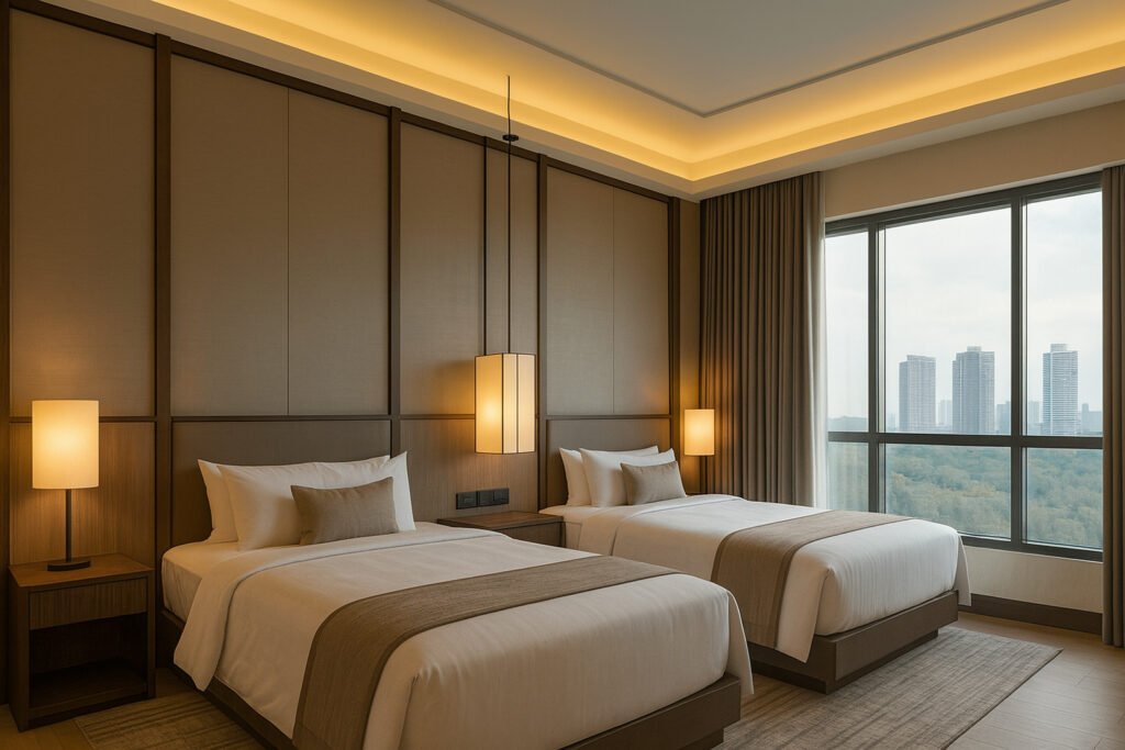 Luxury hotel room with twin beds, warm ambient lighting, large windows with cityscape view, and elegant modern decor.