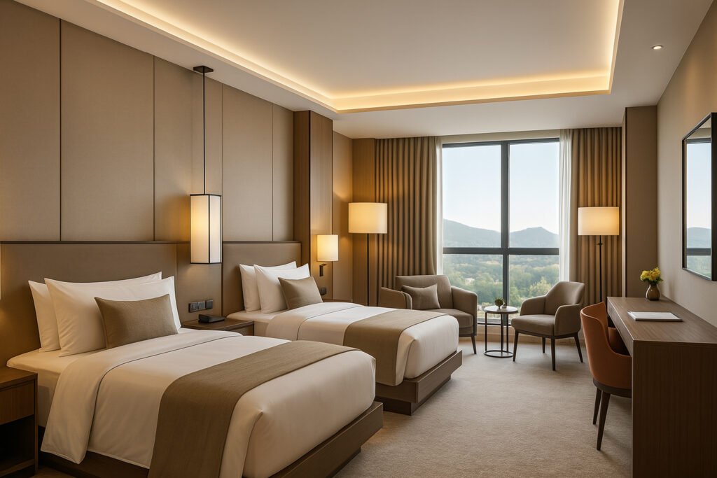 Elegant hotel room interior with twin beds, cozy seating area near large window, warm lighting, and scenic outdoor mountain view.