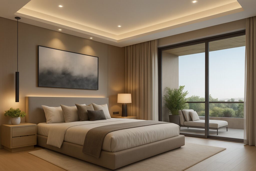 Modern bedroom with neutral tones, large bed, stylish lighting, abstract wall art, floor-to-ceiling window, balcony view, and indoor plants.