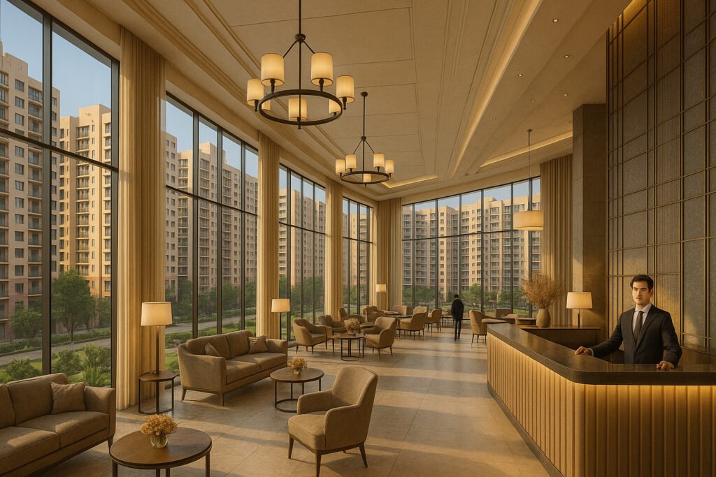 Modern hotel reception and lounge area with large glass windows, cozy seating, and warm ambient lighting