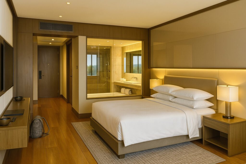 Modern hotel room interior with wooden flooring, cozy double bed, bedside lamps, and a glass-walled bathroom offering a premium hospitality experience.