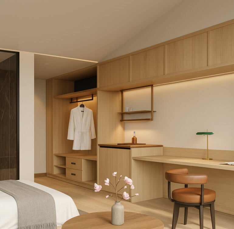 Minimalist hotel room interior with open wooden wardrobe, work desk, cozy bed, and soft ambient lighting.