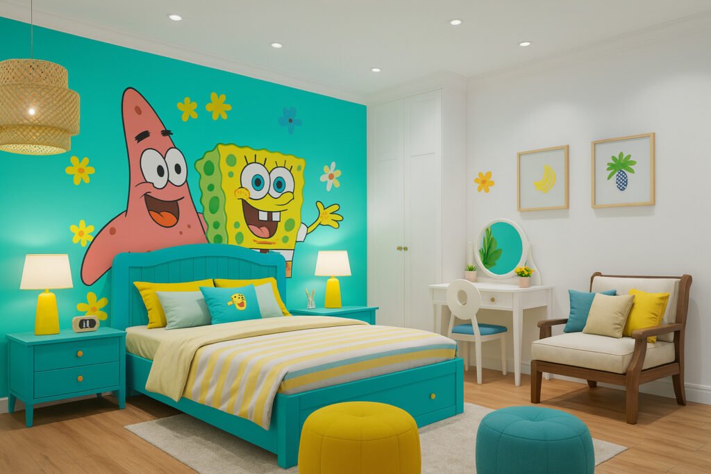 Kids bedroom with SpongeBob SquarePants and Patrick Star wall mural, turquoise furniture, striped bedding, yellow and teal accents, vanity, and playful decor.