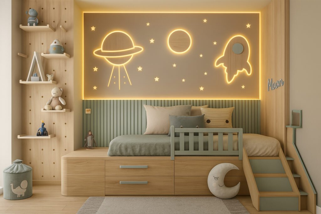 Kids bedroom with a soft wood and sage green color palette, featuring a built-in bed with storage drawers, fun staircase, crescent moon cushion, gentle lighting, and a glowing space-themed wall mural of a rocket, planet, and stars.