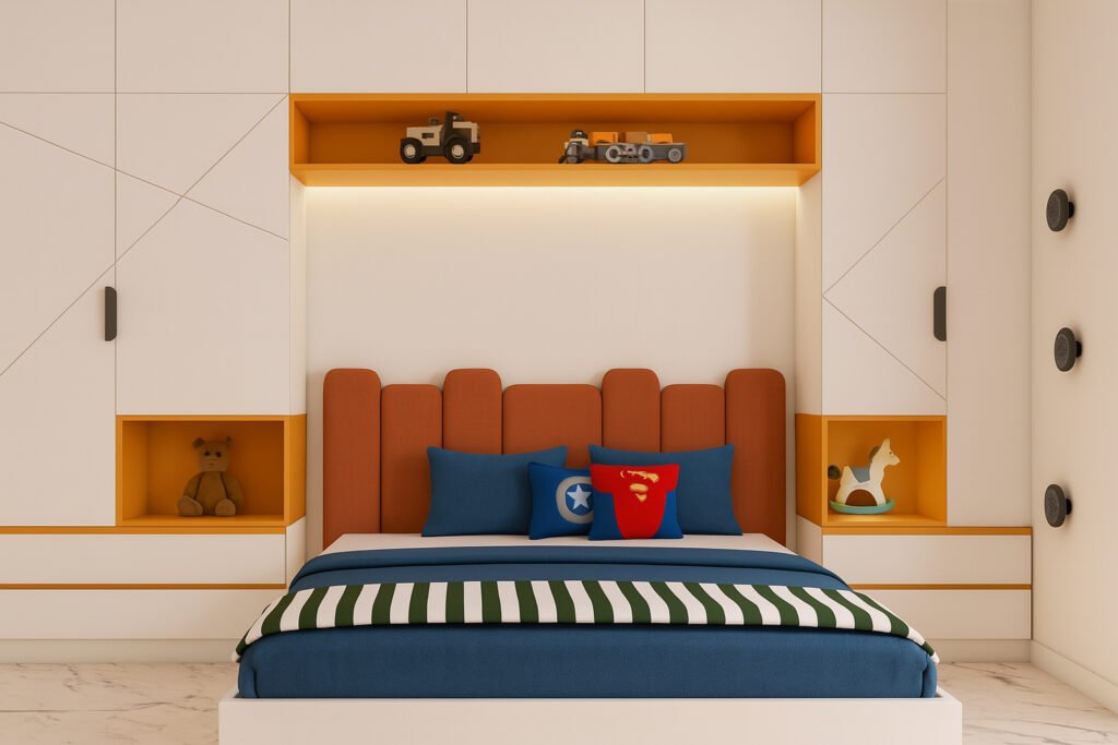 Kids bedroom with modern built-in storage, orange and white cabinetry, a padded orange headboard, blue bedding with green striped blanket, toy vehicles on shelves, and playful decor elements like a teddy bear and rocking horse.