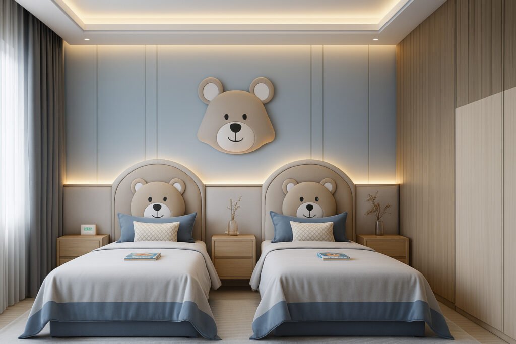 Kids bedroom with twin beds, each featuring a large teddy bear face headboard, matching bedding in neutral and blue tones, bedside tables with minimalist decor, and a big teddy bear wall accent above the beds. The room has soft ambient lighting, light wood wall panels, and a clean, symmetrical design suitable for young children.