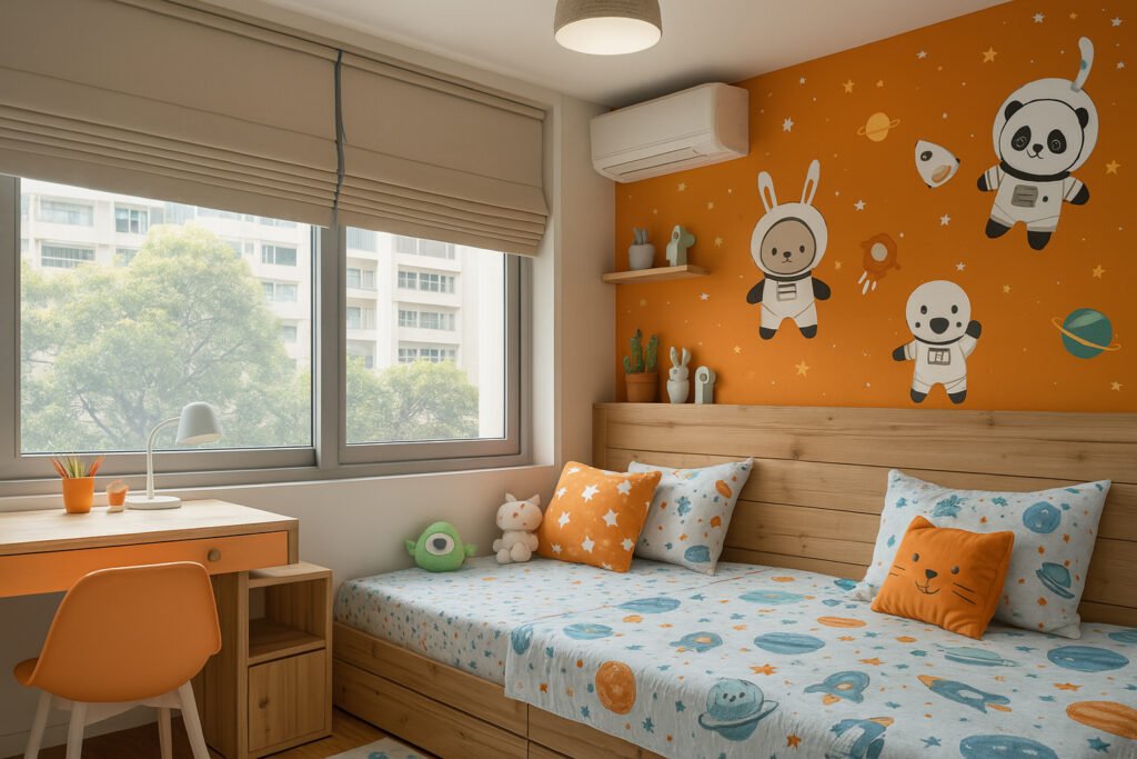 Kids bedroom with a playful orange accent wall featuring cartoon animals dressed as astronauts, planets, and stars. The room includes a light wood bed with space-themed bedding, colorful pillows, plush toys, a study desk with an orange chair, and large windows allowing in natural light.
