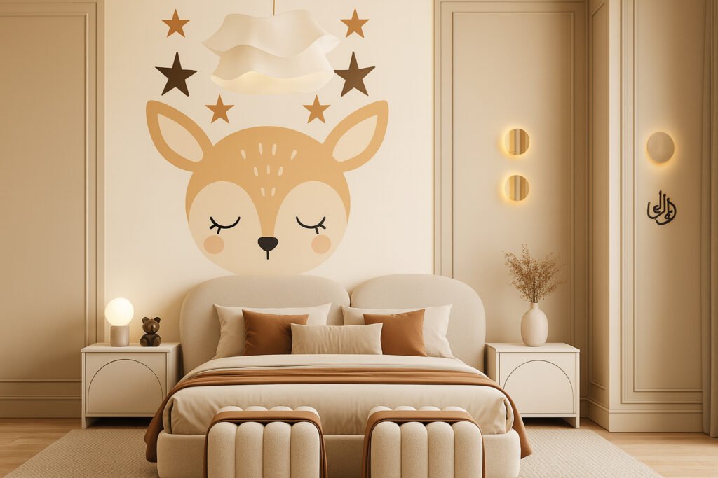 Kids bedroom with a large, cute cartoon deer face wall decal, surrounded by star accents above the bed. The room features soft beige and brown tones, a plush bed with matching pillows and blankets, two ottomans at the foot of the bed, minimalistic white nightstands, modern lamps, a teddy bear figurine, a dried flower arrangement, and warm ambient lighting.