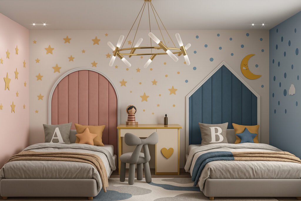 Kids bedroom with two single beds, one with a pink arched headboard and the other with a blue house-shaped headboard. The room features whimsical wall decor, including yellow stars, blue dots, a crescent moon, and a small cloud. Each bed has decorative pillows, including a monogram pillow labeled "A" or "B" and star-shaped cushions. A modern yellow desk with a heart cutout and a sculptural gray chair sits between the beds under playful overhead lighting.