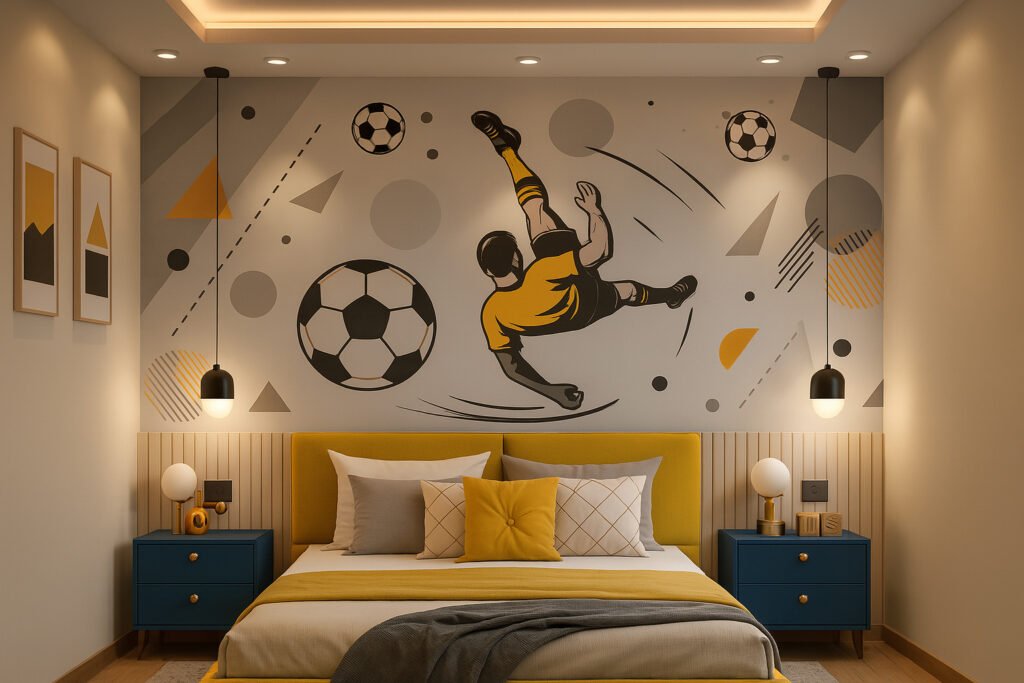 Modern bedroom with a yellow and gray color scheme, featuring a large bed with multiple pillows and blankets, blue bedside tables with lamps, pendant lights, and a wall mural of a soccer player performing a bicycle kick surrounded by soccer balls and geometric shapes.