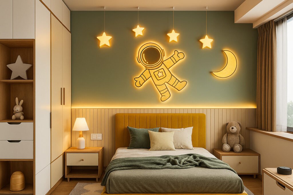 Kids bedroom with space-themed decor, featuring a large glowing astronaut figure, illuminated stars, a crescent moon on the wall, mustard yellow upholstered bed, plush teddy bear, wooden shelving, and soothing green and yellow color scheme.