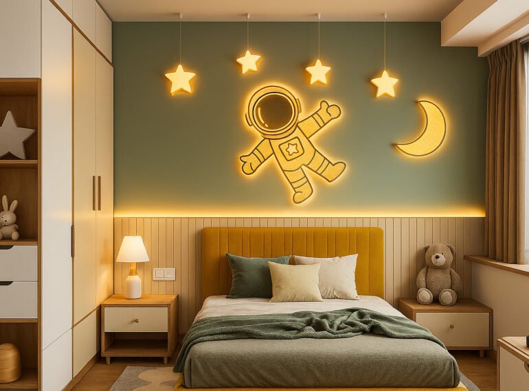 Kids bedroom with space-themed decor, featuring a large glowing astronaut figure, illuminated stars, a crescent moon on the wall, mustard yellow upholstered bed, plush teddy bear, wooden shelving, and soothing green and yellow color scheme.