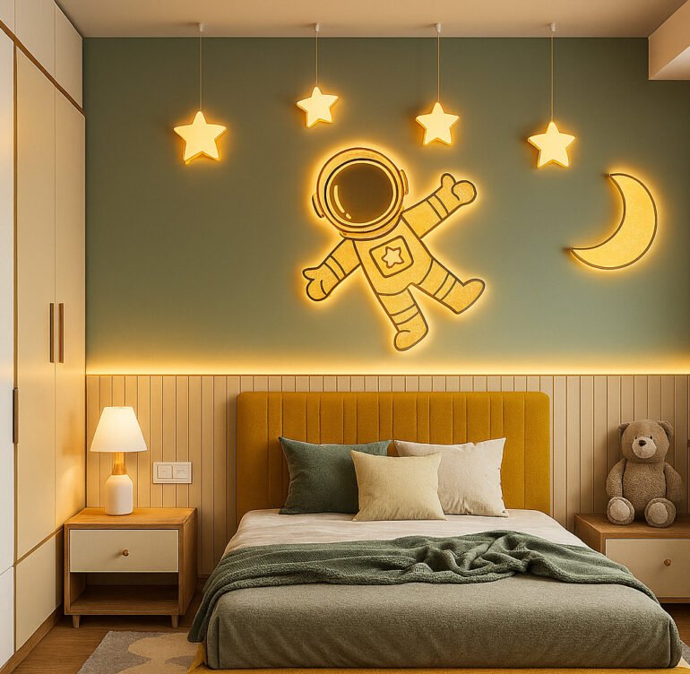 Kids bedroom with space-themed decor, featuring a large glowing astronaut figure, illuminated stars, a crescent moon on the wall, mustard yellow upholstered bed, plush teddy bear, wooden shelving, and soothing green and yellow color scheme.