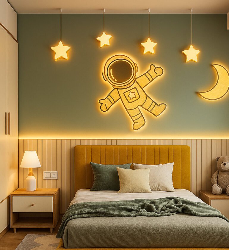 Kids bedroom with space-themed decor, featuring a large glowing astronaut figure, illuminated stars, a crescent moon on the wall, mustard yellow upholstered bed, plush teddy bear, wooden shelving, and soothing green and yellow color scheme.