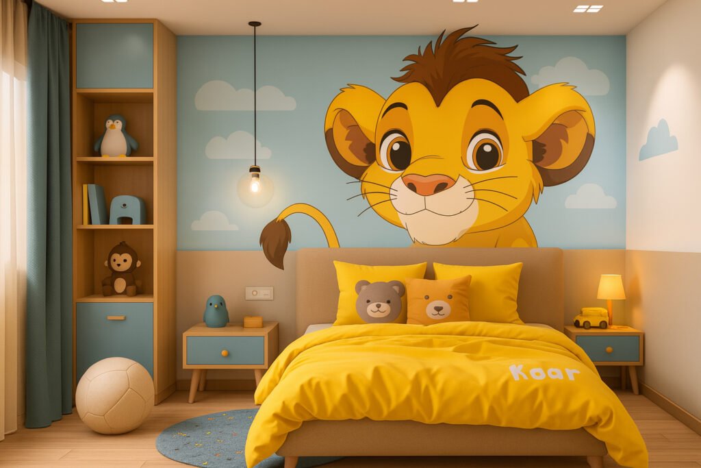 Kids bedroom with a large cartoon lion cub wall mural, yellow bedding and pillows with animal faces, light blue and wood furniture, plush toys, pendant and table lamps, and playful decor.