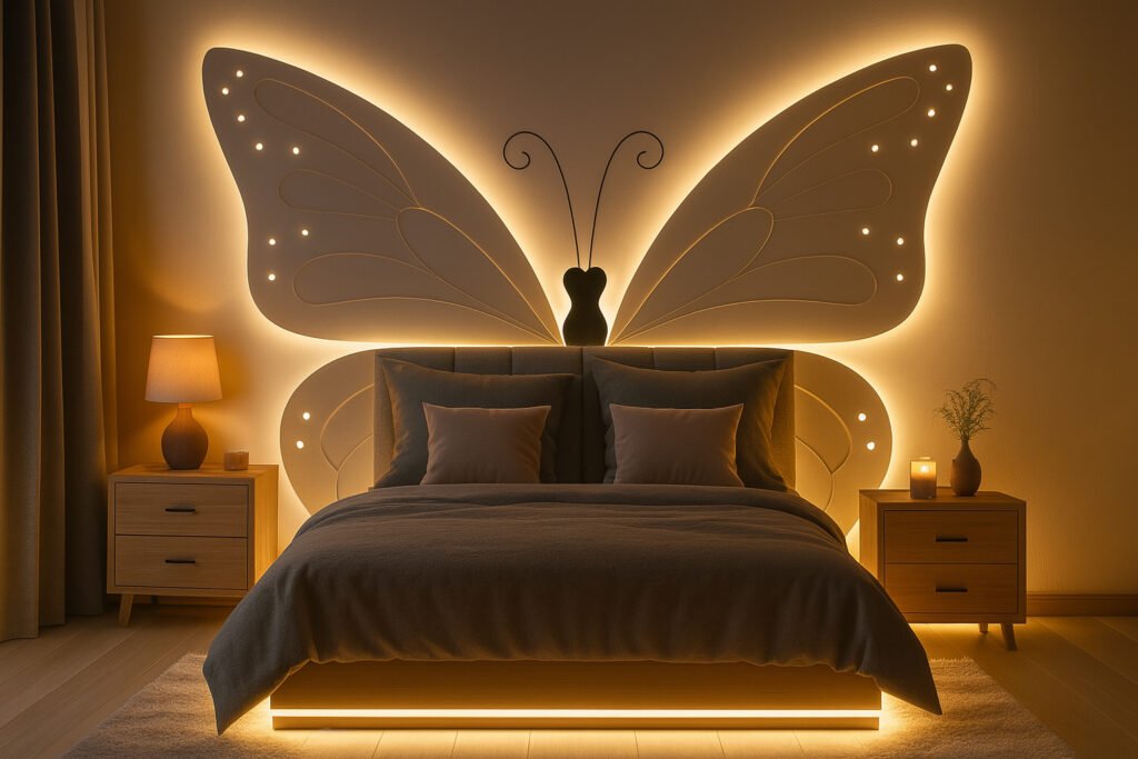 Modern bedroom with illuminated butterfly wing wall art behind a large bed, soft ambient lighting, wooden nightstands, cozy bedding, and a warm, inviting atmosphere.