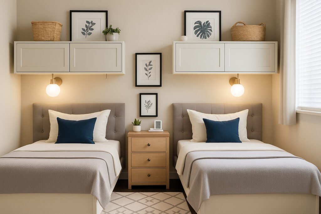 Modern shared bedroom with two single beds featuring tufted headboards, neutral bedding and navy blue accent pillows. Each bed is beneath wall-mounted cabinets topped with wicker baskets, plants, and framed botanical art prints. Central wooden nightstand with three drawers, small plant, clock, and stacked books. Warm wall sconces beside each headboard provide ambient lighting. Beige walls, large window with white curtains, and diamond-patterned area rug complete the cozy, symmetrical space.