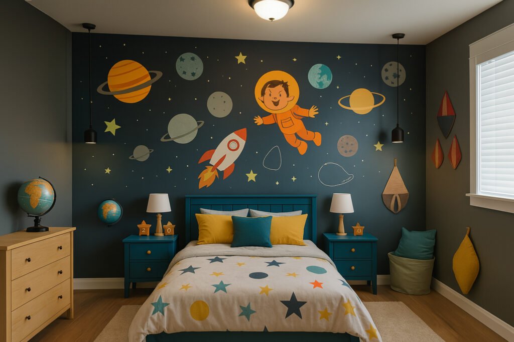 Kids bedroom with a space-themed wall mural, featuring a cartoon astronaut, rocket, and planets, blue bed with yellow and teal pillows, star-patterned bedding, blue nightstands with lamps, globes, wooden dresser, and playful space decor.