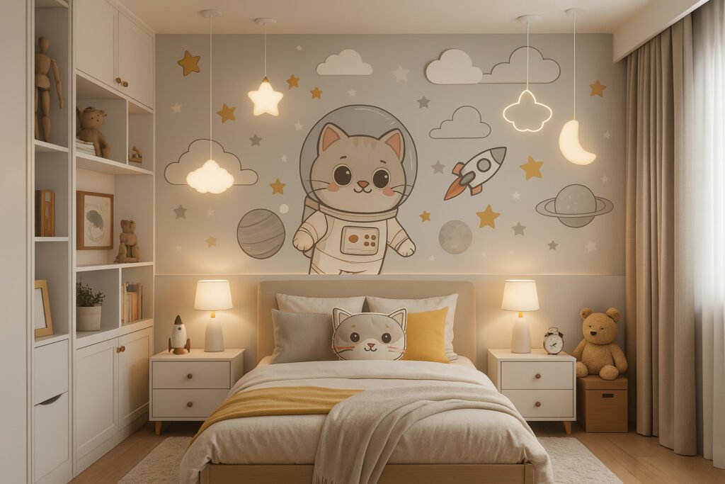 Kids bedroom with a cute cartoon cat astronaut wall mural, planets, rocket, and stars, cozy bed with cat face pillow, bedside tables, lamps, hanging cloud, star, and moon lights, stuffed teddy bear, and organized shelves.