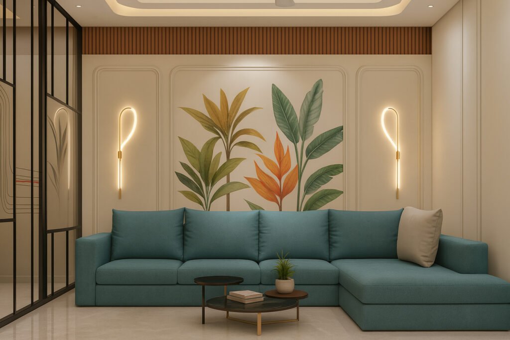 Modern living room with teal sectional sofa, tropical leaf wall mural in green and orange, unique looped wall sconces, and minimalist decor including nested coffee tables with a small plant and books.