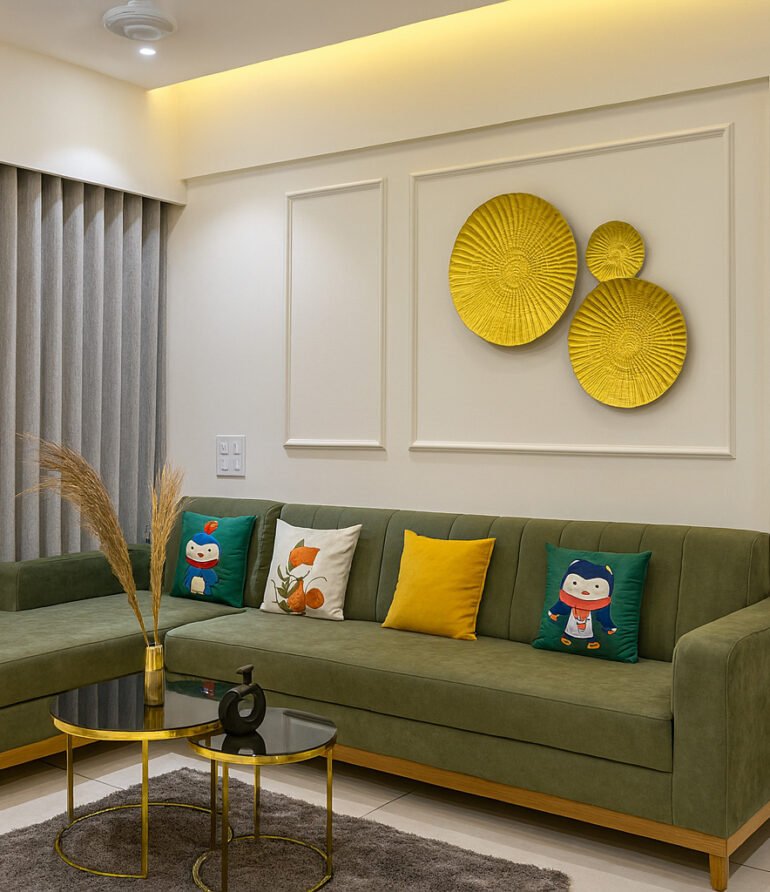Modern living room with an olive green L-shaped sectional sofa, colorful accent pillows including cartoon and animal prints, minimalist gold and black nested coffee tables, decorative dry grass arrangement, wall-mounted gold textured plates, recessed niche with Ganesh statue and framed leaf art, neutral curtains, and soft ambient lighting.