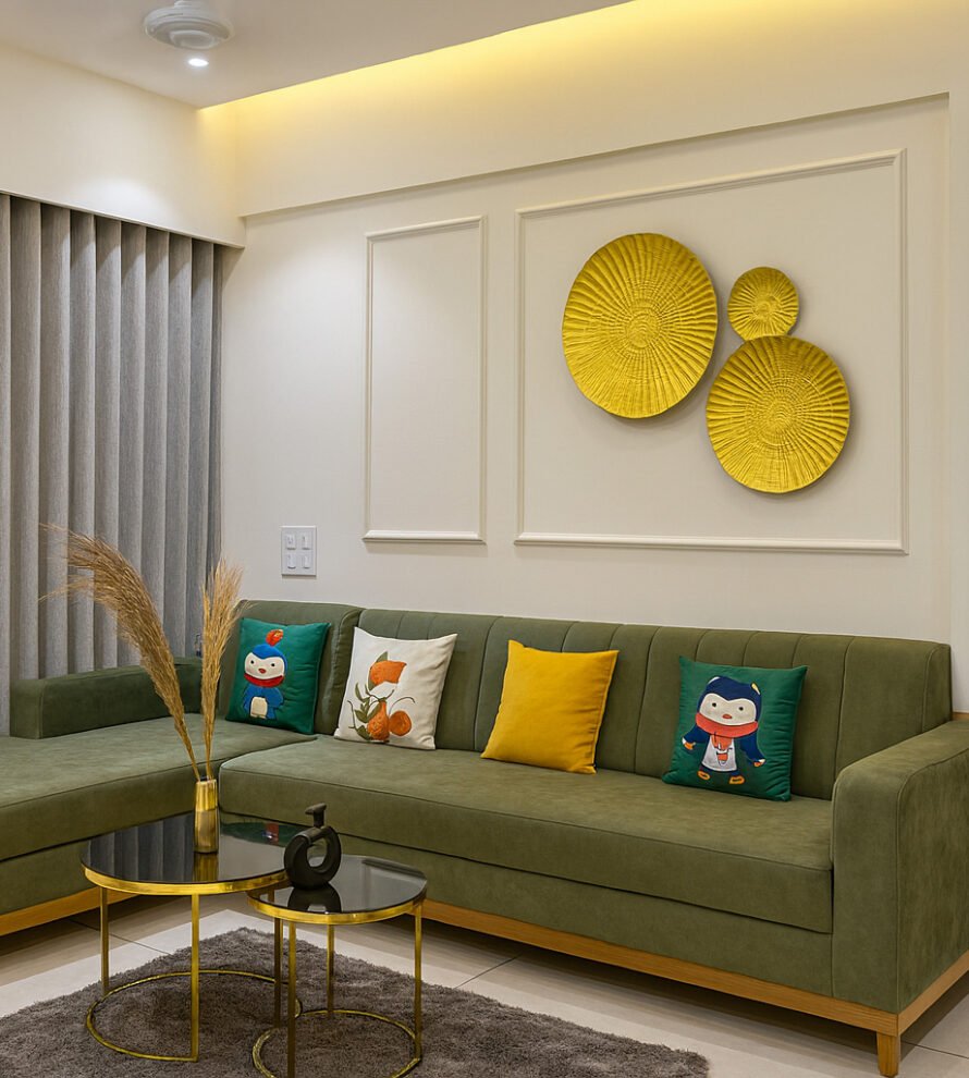 Modern living room with an olive green L-shaped sectional sofa, colorful accent pillows including cartoon and animal prints, minimalist gold and black nested coffee tables, decorative dry grass arrangement, wall-mounted gold textured plates, recessed niche with Ganesh statue and framed leaf art, neutral curtains, and soft ambient lighting.
