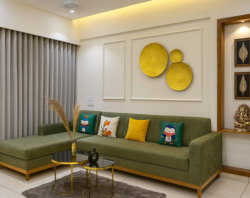 Modern living room with an olive green L-shaped sectional sofa, colorful accent pillows including cartoon and animal prints, minimalist gold and black nested coffee tables, decorative dry grass arrangement, wall-mounted gold textured plates, recessed niche with Ganesh statue and framed leaf art, neutral curtains, and soft ambient lighting.
