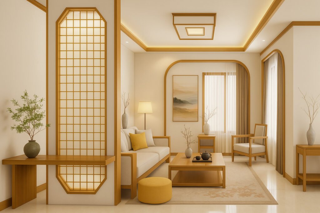 Minimalist living room in Japanese style, featuring light wood accents, a white sofa with yellow pillows, a mustard round ottoman, wooden coffee and side tables, shoji-inspired partition, neutral rug with subtle floral pattern, floor lamp, abstract wall art, large windows with sheer curtains, decorative vases, and potted plants.