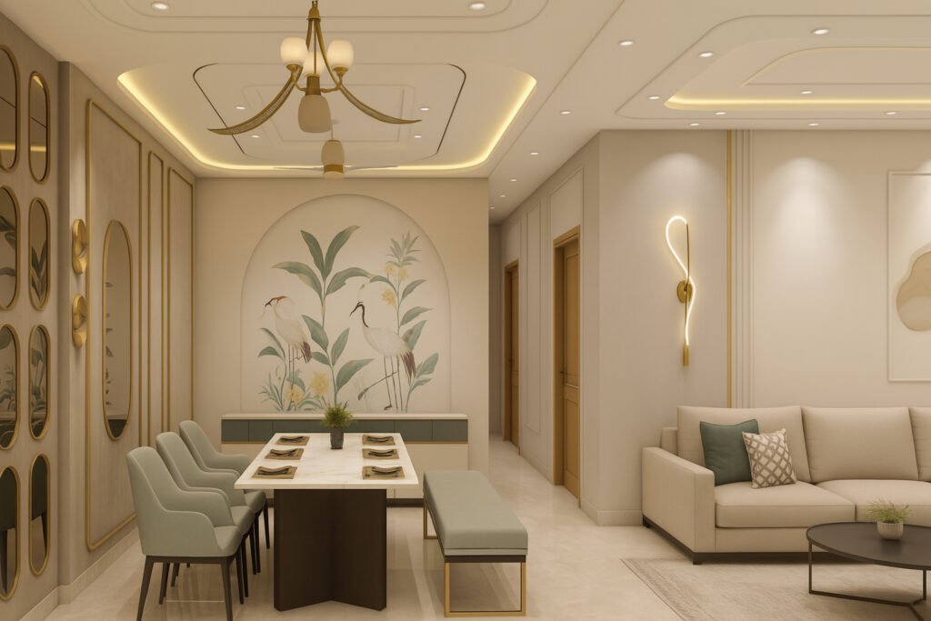 Modern dining and living space featuring a marble dining table with mint green upholstered chairs and a matching bench, elegant gold-accented chandelier, large wall mural of cranes and foliage, mirrored wall panels, a contemporary beige sectional sofa, minimalist wall lighting fixtures, and soft neutral color palette with gold accents.