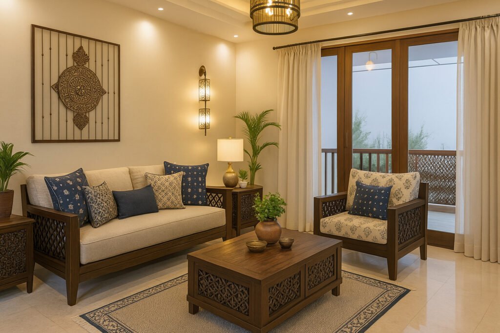Elegant living room with carved wooden furniture, beige upholstery, blue patterned throw pillows, wooden coffee table with potted plants, wall art, floor lamps, indoor plants, large windows with sheer curtains, and soft ambient lighting.