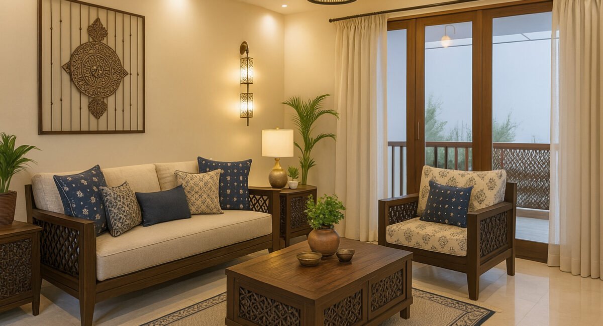 Elegant living room with carved wooden furniture, beige upholstery, blue patterned throw pillows, wooden coffee table with potted plants, wall art, floor lamps, indoor plants, large windows with sheer curtains, and soft ambient lighting.