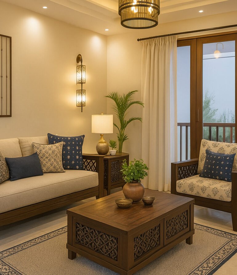 Elegant living room with carved wooden furniture, beige upholstery, blue patterned throw pillows, wooden coffee table with potted plants, wall art, floor lamps, indoor plants, large windows with sheer curtains, and soft ambient lighting.