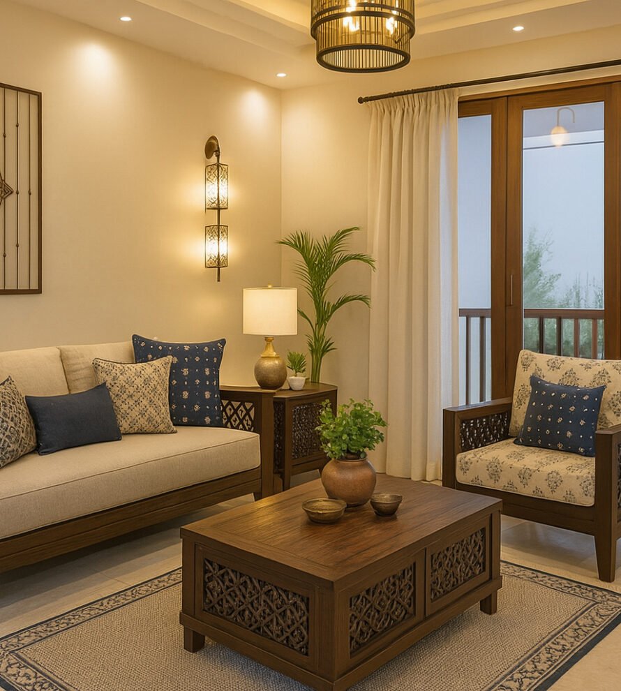 Elegant living room with carved wooden furniture, beige upholstery, blue patterned throw pillows, wooden coffee table with potted plants, wall art, floor lamps, indoor plants, large windows with sheer curtains, and soft ambient lighting.