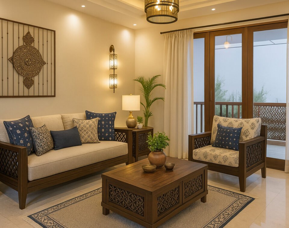 Elegant living room with carved wooden furniture, beige upholstery, blue patterned throw pillows, wooden coffee table with potted plants, wall art, floor lamps, indoor plants, large windows with sheer curtains, and soft ambient lighting.