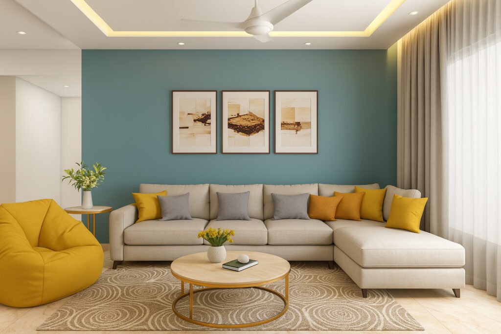 Modern living room with a light beige sectional sofa, blue accent wall featuring three framed artworks, round wooden coffee table with a vase of yellow flowers and books, patterned neutral area rug, large window with sheer curtains, yellow beanbag chair, and coordinating yellow and gray cushions for a cozy yet vibrant atmosphere.