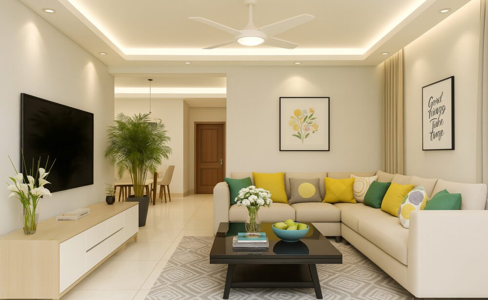 Modern living room with a neutral L-shaped sectional sofa, bright yellow and green accent pillows, minimalist wall art, black coffee table with a vase of white flowers and green apples, media console with decorative flowers, large potted plant, abstract-patterned rug, TV, ceiling fan, and soft recessed lighting for a fresh and inviting atmosphere.