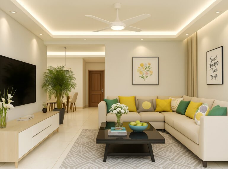 Modern living room with a neutral L-shaped sectional sofa, bright yellow and green accent pillows, minimalist wall art, black coffee table with a vase of white flowers and green apples, media console with decorative flowers, large potted plant, abstract-patterned rug, TV, ceiling fan, and soft recessed lighting for a fresh and inviting atmosphere.