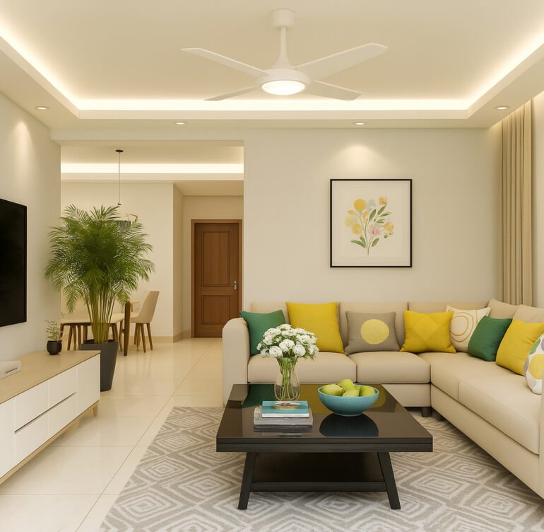 Modern living room with a neutral L-shaped sectional sofa, bright yellow and green accent pillows, minimalist wall art, black coffee table with a vase of white flowers and green apples, media console with decorative flowers, large potted plant, abstract-patterned rug, TV, ceiling fan, and soft recessed lighting for a fresh and inviting atmosphere.