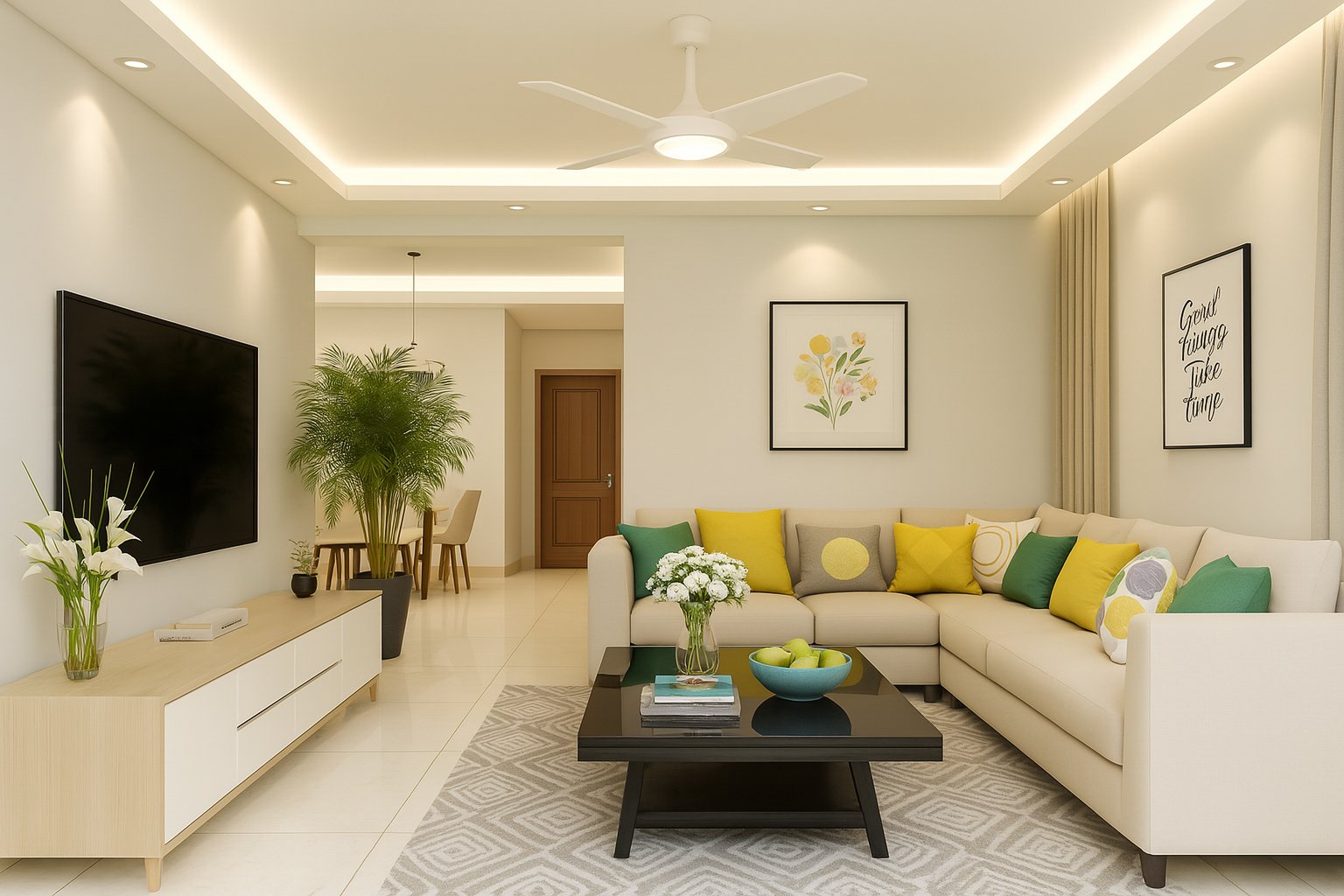 Modern living room with a neutral L-shaped sectional sofa, bright yellow and green accent pillows, minimalist wall art, black coffee table with a vase of white flowers and green apples, media console with decorative flowers, large potted plant, abstract-patterned rug, TV, ceiling fan, and soft recessed lighting for a fresh and inviting atmosphere.