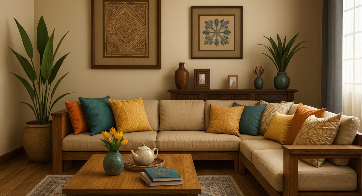 Modern living room with a beige sectional sofa, wooden frame and coffee table, colorful accent pillows in yellow, teal, and orange, large potted plants, two framed artworks on the wall, decorative ceramics, fresh tulips in a vase, and warm natural lighting through large windows.