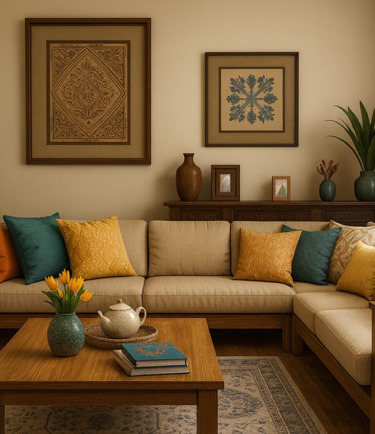 Modern living room with a beige sectional sofa, wooden frame and coffee table, colorful accent pillows in yellow, teal, and orange, large potted plants, two framed artworks on the wall, decorative ceramics, fresh tulips in a vase, and warm natural lighting through large windows.