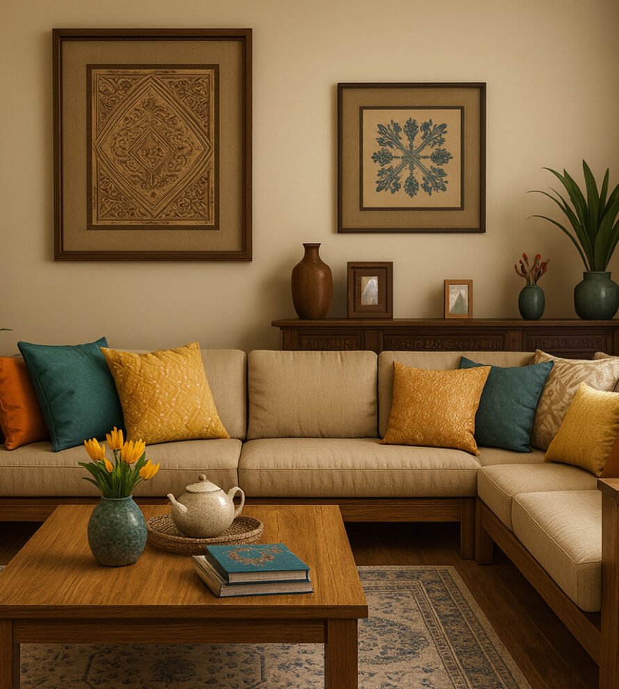 Modern living room with a beige sectional sofa, wooden frame and coffee table, colorful accent pillows in yellow, teal, and orange, large potted plants, two framed artworks on the wall, decorative ceramics, fresh tulips in a vase, and warm natural lighting through large windows.