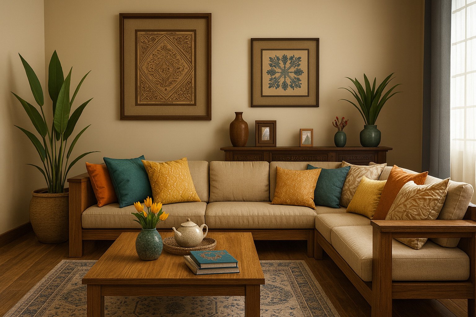 Modern living room with a beige sectional sofa, wooden frame and coffee table, colorful accent pillows in yellow, teal, and orange, large potted plants, two framed artworks on the wall, decorative ceramics, fresh tulips in a vase, and warm natural lighting through large windows.