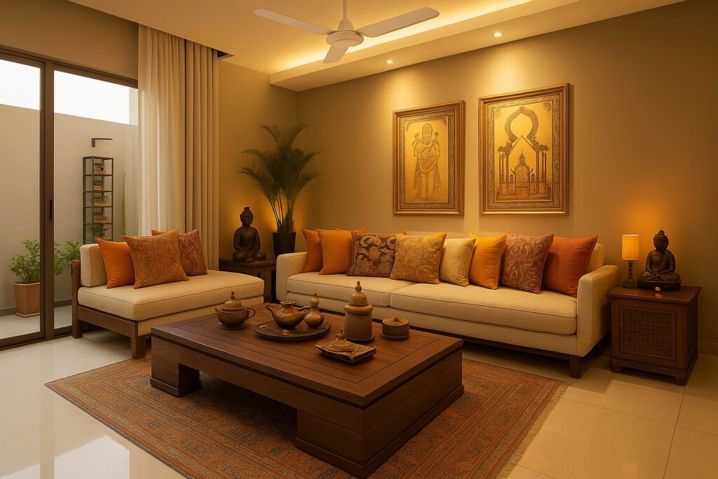 Elegant living room with a beige sofa and chaise lounge, wooden coffee table, warm orange and gold accent pillows, framed traditional artwork, Buddha figurines, potted plants, soft recessed lighting, and a serene, inviting atmosphere.